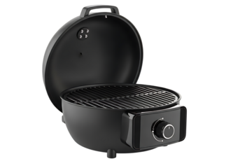 Portable charcoal grill with open lid isolated on transparent background