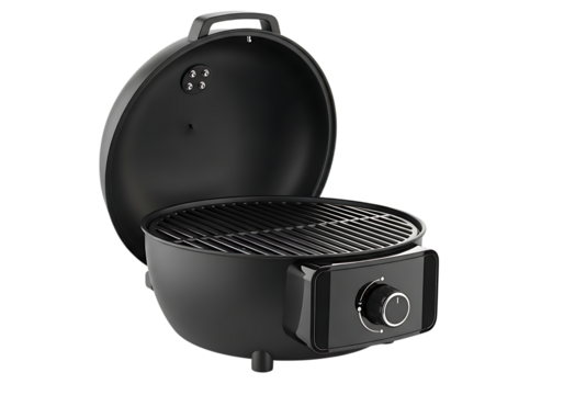 Portable charcoal grill with open lid isolated on transparent background
