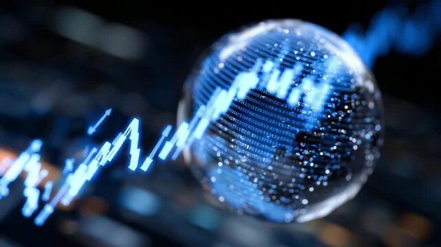Floating bubble filled with blue holographic numbers and stock price arrows, surrounded by binary code, symbolizing the unstable growth of the tech market