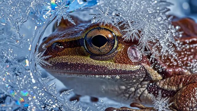 A frogs face adorned with snowflakes is captured in a macro shot The eye is central with skin details