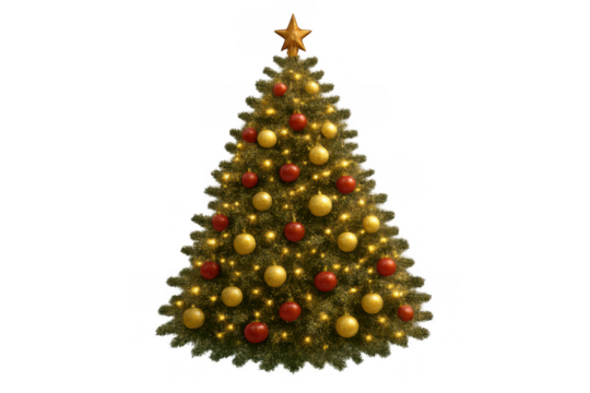 Christmas tree decorated with glowing lights, golden and red ornaments, star topper on transparent background