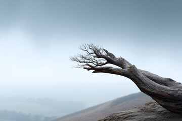 Mystical landscape featuring a weathered tree reaching out against a misty horizon. Evokes resilience, solitude, and natural beauty. Ideal for nature, travel, or philosophical concepts.