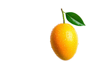  Organic Mango with Water Droplets and a Small Attached Leaf, Minimalist Top-Down View, Isolated