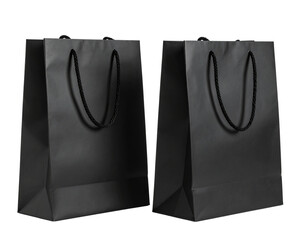  Pair of Matte Black Shopping Bags with Rope Handles, Front View, Isolated on Transparent Background