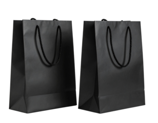  Pair of Matte Black Shopping Bags with Rope Handles, Front View, Isolated on Transparent Background