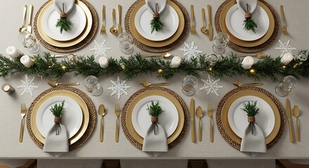 Elegant overhead view of a festive holiday table setting with golden plates, cutlery, and a Christmas garland centerpiece