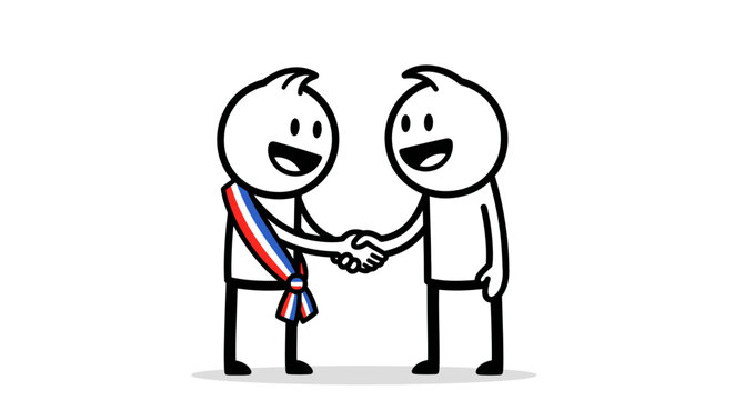 Two smiling stick figures, one wearing a French flag sash, shaking hands in a friendly gesture, representing agreement or partnership.
