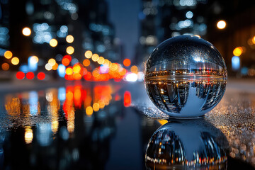 City Lights Reflected in a Crystal Ball at Night