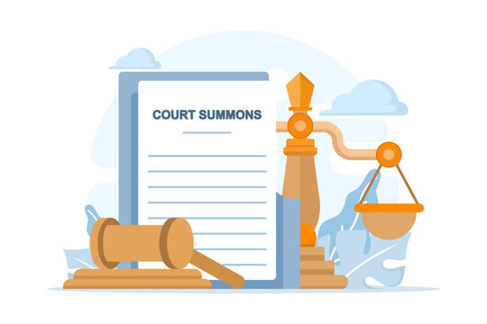 Illustration of Court Summons and Legal Summons. A courthouse icon with official documents and judge gavel, representing legal notice, court order, litigation process, and formal legal procedures.