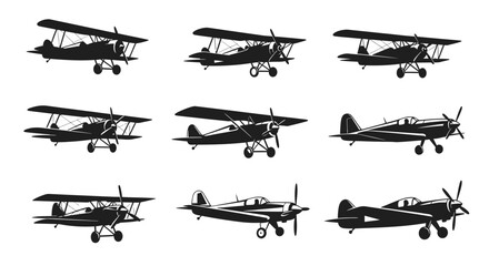 A collection of nine black silhouettes of vintage propeller aircraft, including biplanes and monoplanes, isolated on a white background.