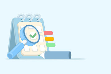 Magnifying glass highlighting a red-marked date on a cute calendar, symbolizing reminders, important events, holidays, and priority scheduling. Flat vector design for banners and posters.