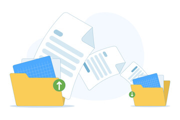 File transfer and data backup concept, showing document storage, cloud technology, upload and download processes in a clean flat vector illustration.