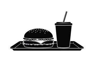 clean vector illustration of a restaurant tray with burger and drink set