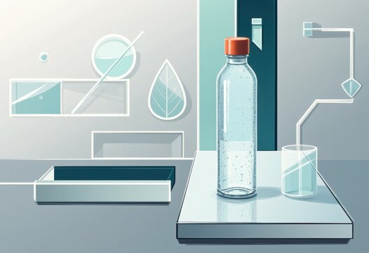 Futuristic science scene with glass bottle, beaker, and glass surfaces on a white counter
