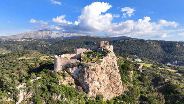 Aerial drone photo of iconic castle of Kritinia built on a hilltop by Knights of Saint John, with magnificent views to Aegean Sea, Rhodes island, Dodecanese, Greece - Powered by Adobe