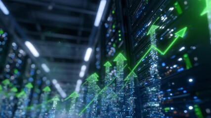 High-tech server room illuminated by green LED lights, translucent arrows projecting upward through holographic interface, concept of AI-driven economic growth - Powered by Adobe