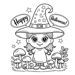 Cute Halloween Witch coloring pages with pumpkins, ghosts, and bats for kids