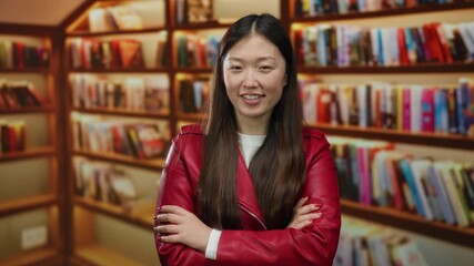 Woman standing confidently in a library wearing a red jacket with books lining the shelves conveying knowledge and learning in an academic indoor setting in china featuring asian beauty