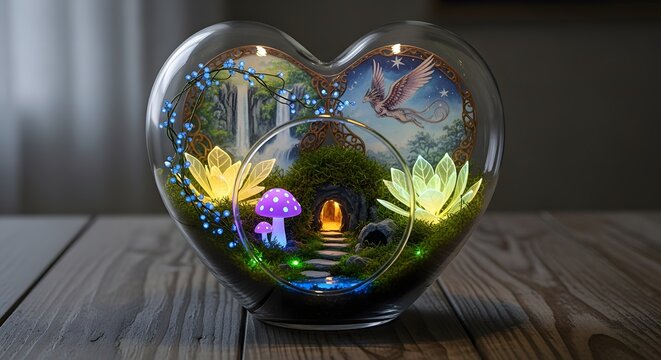 Enchanting heart shaped terrarium filled with miniature fairy garden and glowing lights