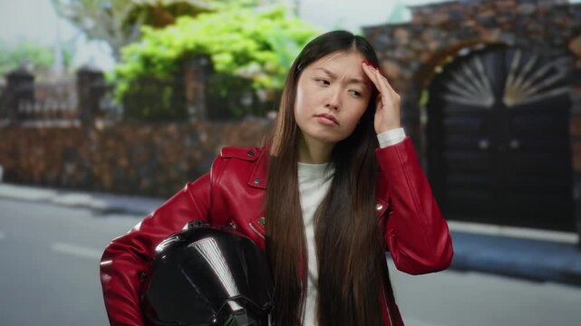 Woman in red jacket holding helmet on urban street appears thoughtful with serious expression against blurred city backdrop with stone wall and gate.