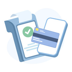 Card swiper, smartphone, and payment card with check mark. Modern digital payment solution, secure and convenient for stores, ecommerce, fintech, online systems, mobile finance.