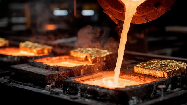 Inside a modern gold refinery, molten gold pouring into molds, orange glow illuminating metal surfaces, representing industrial transformation for global markets