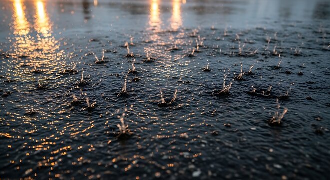 Golden Hour Rain: Serene Water Ripples for Calm and Reflection - Perfect for Nature Blogs and Environmental Awareness Campaigns