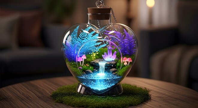 Enchanting miniature fairy garden waterfall inside a heart shaped glass bottle