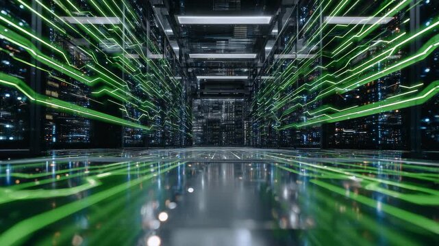 Interior of massive hyperscale data center, reflections of green arrows on polished floors, representing rising infrastructure costs and AI development surge
