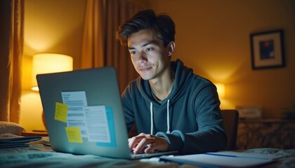 Young man using laptop computer. Male student works on a financial project. Man studying or working in his dorm room. College student planning budget at night.