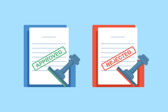 Clipboard with documents showing green approved and red rejected stamps, application status concept, online form submission, review process, decision approval and denial.