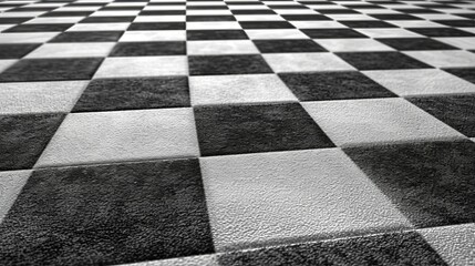 Close-up of a textured black and white checkerboard floor. Geometric pattern with perspective and selective focus. Abstract monochrome background