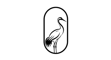 Elegant black and white illustration of a crane bird standing gracefully within a vertical oval frame.