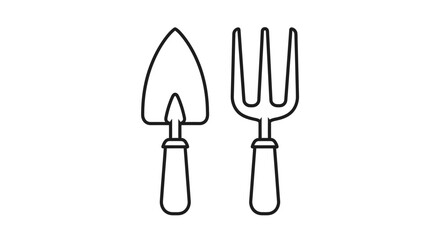 Simple line art illustration of a hand trowel and a hand fork, essential gardening tools for planting and cultivating.