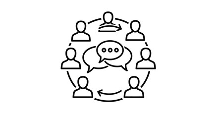 Illustration depicting a group of people in a circle, communicating and exchanging ideas with each other.