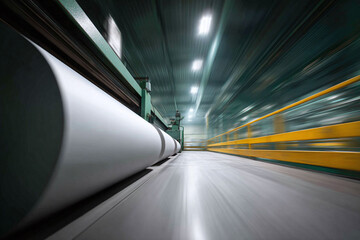 Industrial motion blur conveys speed, efficiency. Raw material processing, large scale production. Perfect for concepts about progress, manufacturing, innovation.