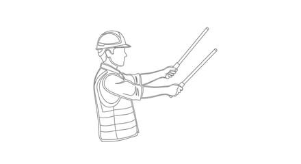 A person in a hard hat and safety vest is holding two batons, signaling with them.