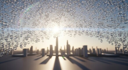 Abstract Bubbles Descend Over Futuristic Cityscape Under Golden Sunlight