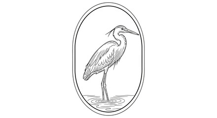 Naklejka premium A detailed black and white illustration of a heron standing in shallow water within an oval frame.