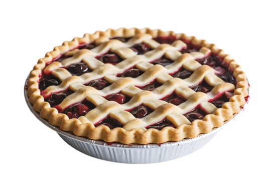A freshly baked cherry pie with a lattice crust sits in a foil pan, ready to be enjoyed.