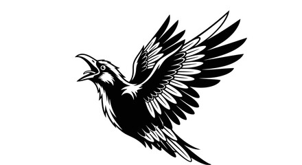 A black and white illustration of a cawing crow or raven in flight with its wings spread wide.