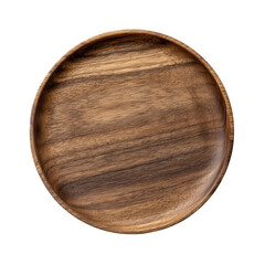 Wooden round platter, top view.  Smooth, dark brown wood grain