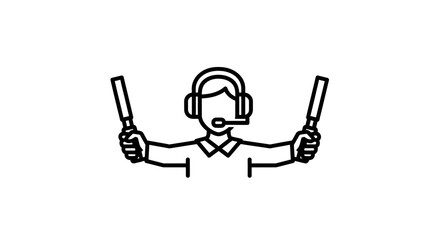 Airport worker signaling with wands, wearing headset, line art.