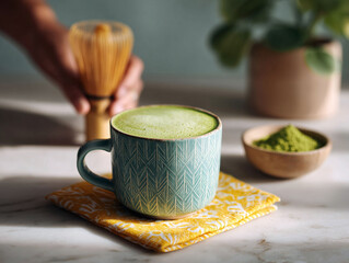 Vibrant green matcha latte in a patterned mug, bamboo whisk, and powder on marble. Captures wellness, mindfulness, healthy lifestyle,  culinary trends. Use for blogs, articles.