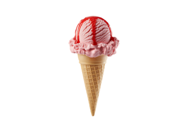 A delicious strawberry ice cream cone is presented with a drizzle of syrup, isolated on a white background.