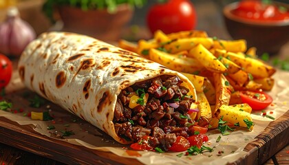 Close-up of a wrap and fries on a wooden board