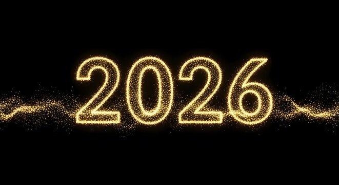 Golden glowing 2026 numbers illuminated with sparkle and glitter on black background - Powered by Adobe