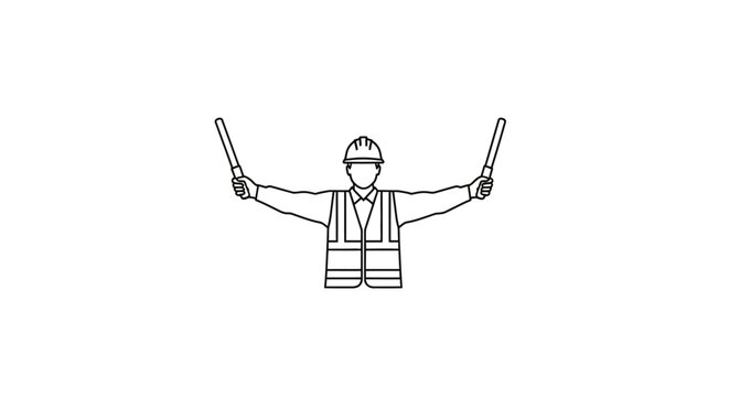 A black and white line drawing of an aircraft marshaller or ground crew member giving a hand signal with wands.