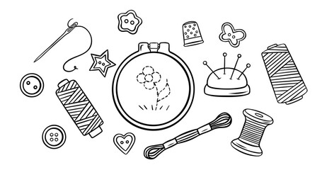 big vector set, needlework, embroidery accessories, threads, buttons, pins, needles, simple black and white icons, doodle and sketch style
