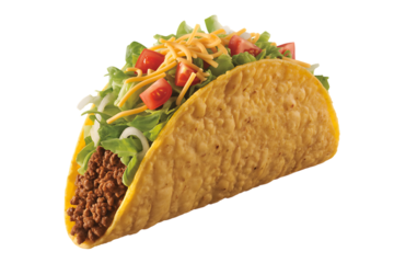 A delicious and colorful taco filled with seasoned ground beef, fresh lettuce, diced tomatoes, onions, and shredded cheese.